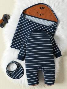 SHEIN Baby Boy Striped & Cartoon Graphic Footed PJ Jumpsuit - Navy Blue - View 2