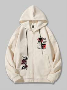 ROMWE MEN Goth 男士標語圖案抽繩加絨內裏連帽衫 - 卡其色 - 查看 2