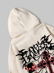 ROMWE MEN Goth 男士標語圖案抽繩加絨內裏連帽衫 - 卡其色 - 查看 4