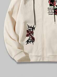 ROMWE MEN Goth 男士標語圖案抽繩加絨內裏連帽衫 - 卡其色 - 查看 5