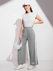 Seusyu Letter Patched Detail Contrast Side Seam Wide Leg Pants - Light Grey - View 4