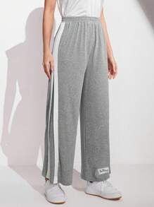 Seusyu Letter Patched Detail Contrast Side Seam Wide Leg Pants - Light Grey - View 5