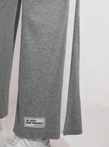 Seusyu Letter Patched Detail Contrast Side Seam Wide Leg Pants - Light Grey - View 6