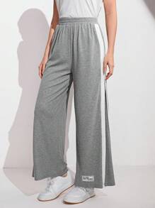 Seusyu Letter Patched Detail Contrast Side Seam Wide Leg Pants - Light Grey - View 1