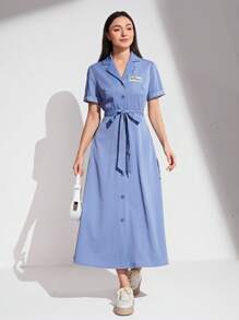 Mulvari Đồ họa Chữ cái Cổ bẻ Thắt lưng Váy sơ mi - Màu xanh lam - Xem 2