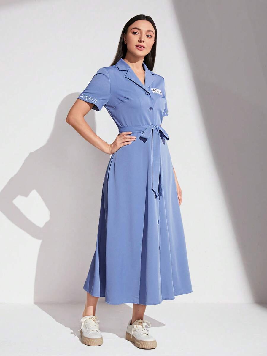 Mulvari Đồ họa Chữ cái Cổ bẻ Thắt lưng Váy sơ mi - Màu xanh lam - Xem 1