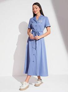 Mulvari Đồ họa Chữ cái Cổ bẻ Thắt lưng Váy sơ mi - Màu xanh lam - Xem 4