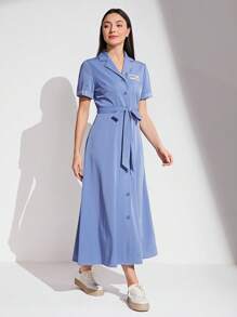 Mulvari Đồ họa Chữ cái Cổ bẻ Thắt lưng Váy sơ mi - Màu xanh lam - Xem 5