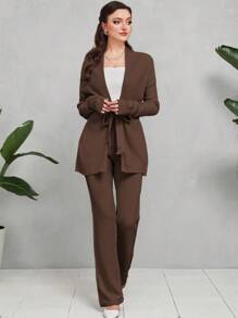 Seusyu Drop Shoulder Belted Cardigan & Knit Pants 2 Piece Set - Coffee Brown - View 1