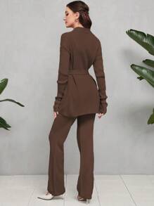 Seusyu Drop Shoulder Belted Cardigan & Knit Pants 2 Piece Set - Coffee Brown - View 2