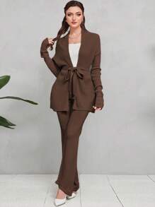 Seusyu Drop Shoulder Belted Cardigan & Knit Pants 2 Piece Set - Coffee Brown - View 3