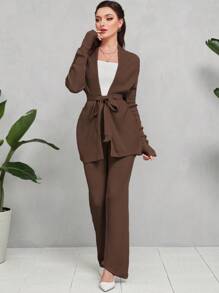 Seusyu Drop Shoulder Belted Cardigan & Knit Pants 2 Piece Set - Coffee Brown - View 5
