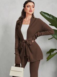 Seusyu Drop Shoulder Belted Cardigan & Knit Pants 2 Piece Set - Coffee Brown - View 6