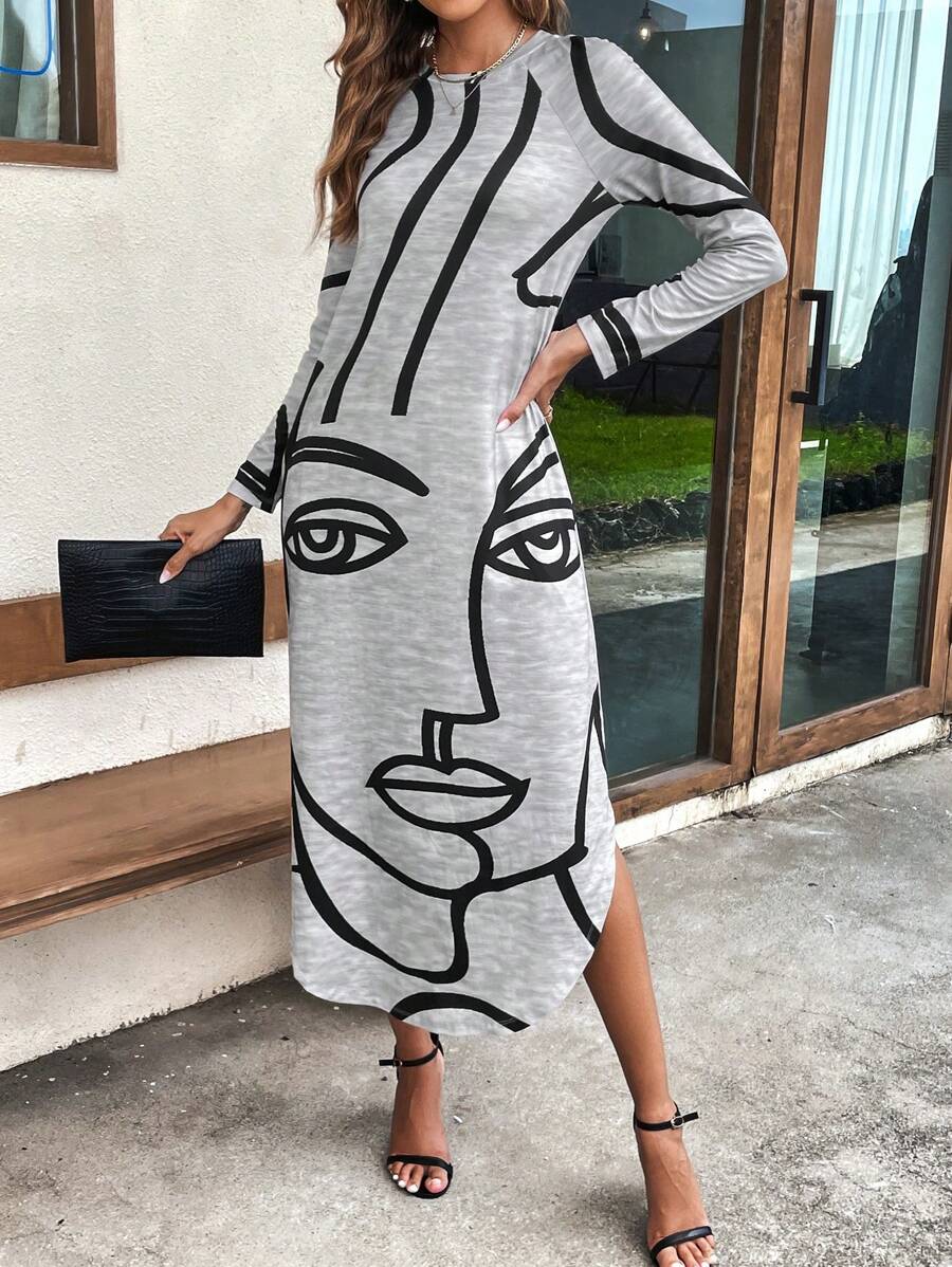 SHEIN LUNE 人像圖案弧形下擺T恤洋裝 - 灰色 - 查看 1