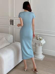 DAZY 褶邊高衩毛衣裙 - 綠色 - 查看 4