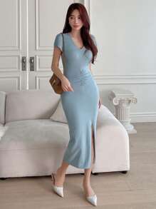 DAZY 褶邊高衩毛衣裙 - 綠色 - 查看 6