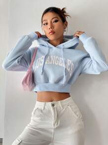 SHEIN Qutie 字母圖案落肩袖抽繩短款連帽衫 - 淺藍色 - 查看 1