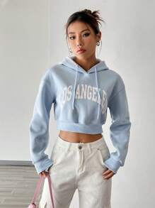 SHEIN Qutie 字母圖案落肩袖抽繩短款連帽衫 - 淺藍色 - 查看 4