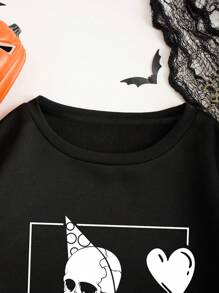 SHEIN LUNE Bộ xương & Đồ họa Khẩu hiệu Lót nhiệt Áo nỉ - màu đen - Xem 3