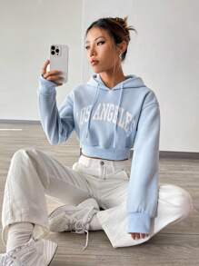 SHEIN Qutie 字母圖案落肩袖抽繩短款連帽衫 - 淺藍色 - 查看 6