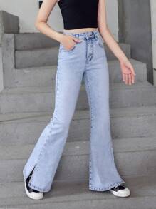 女大童下擺開叉牛仔喇叭褲 - 淺色水洗藍 - 查看 4