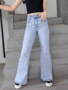 女大童下擺開叉牛仔喇叭褲 - 淺色水洗藍 - 查看 5