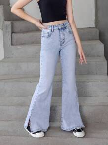 女大童下擺開叉牛仔喇叭褲 - 淺色水洗藍 - 查看 6