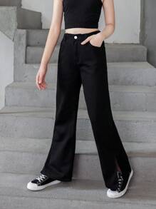 SHEIN Explorewe Tween Girls Casual Fashion Side Slit Washed Straight-Leg Jeans - Black - View 4