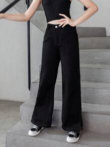 SHEIN Explorewe Tween Girls Casual Fashion Side Slit Washed Straight-Leg Jeans - Black - View 5