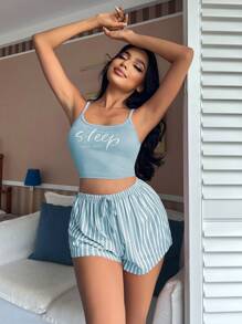 Letter Graphic Cami Top & Striped Shorts PJ Set / Pajama Set Holiday Season - Blue - View 3