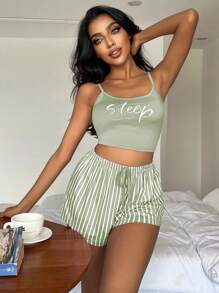 Letter Graphic Cami Top & Striped Shorts PJ Set / Pajama Set Holiday Season - Green - View 4