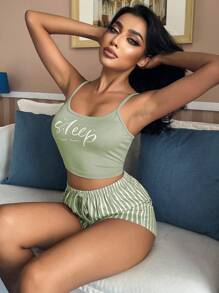 Letter Graphic Cami Top & Striped Shorts PJ Set / Pajama Set Holiday Season - Green - View 5