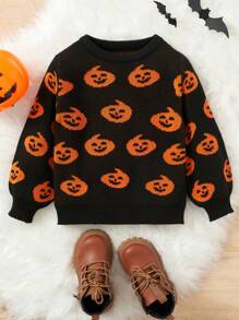 SHEIN 男小童閒暇,舒服,時尚,簡約風,柔軟,,有趣,萬聖節主題,充分印花,小南瓜圖案套頭毛衣-合適適合冬天 - 黑色 - 查看 1