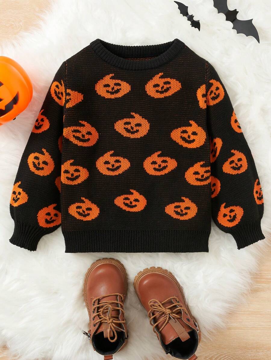 SHEIN 男小童閒暇,舒服,時尚,簡約風,柔軟,,有趣,萬聖節主題,充分印花,小南瓜圖案套頭毛衣-合適適合冬天 - 黑色 - 查看 1