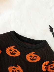 SHEIN 男小童閒暇,舒服,時尚,簡約風,柔軟,,有趣,萬聖節主題,充分印花,小南瓜圖案套頭毛衣-合適適合冬天 - 黑色 - 查看 3