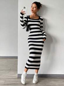 Flirla Striped Pattern Scoop Neck Bodycon Jumper Dress - Black and White - View 1