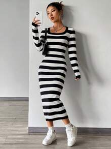 Flirla Striped Pattern Scoop Neck Bodycon Jumper Dress - Black and White - View 5
