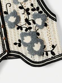 Soleia 花卉刺繡前紐扣毛衣背心 - 米色 - 查看 4