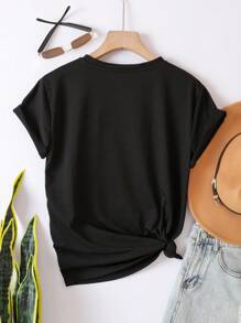 INAWLY Hơn Chất rắn Vòng cổ Áo thun - màu đen - Xem 2