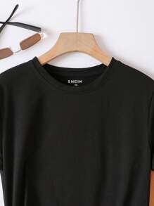 INAWLY Hơn Chất rắn Vòng cổ Áo thun - màu đen - Xem 5