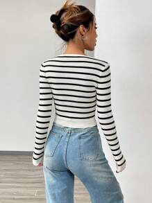 Flirla Striped Pattern Scoop Neck Crop Sweater,Long Sleeve Tops Knit Pullover Fall Winter Sweater - Multicolor - View 2