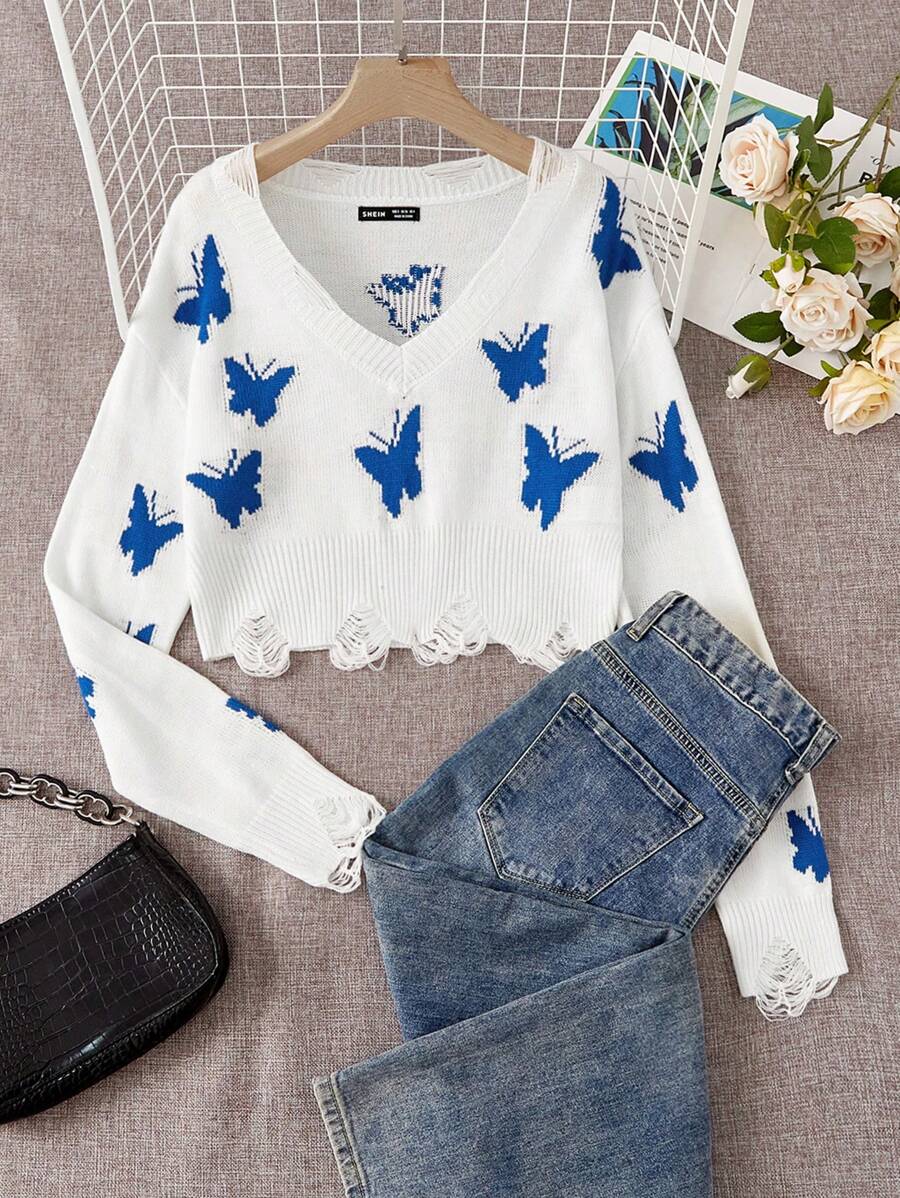 Muchica Hình Bướm Thả vai Áo len Distressed - trắng - Xem 1