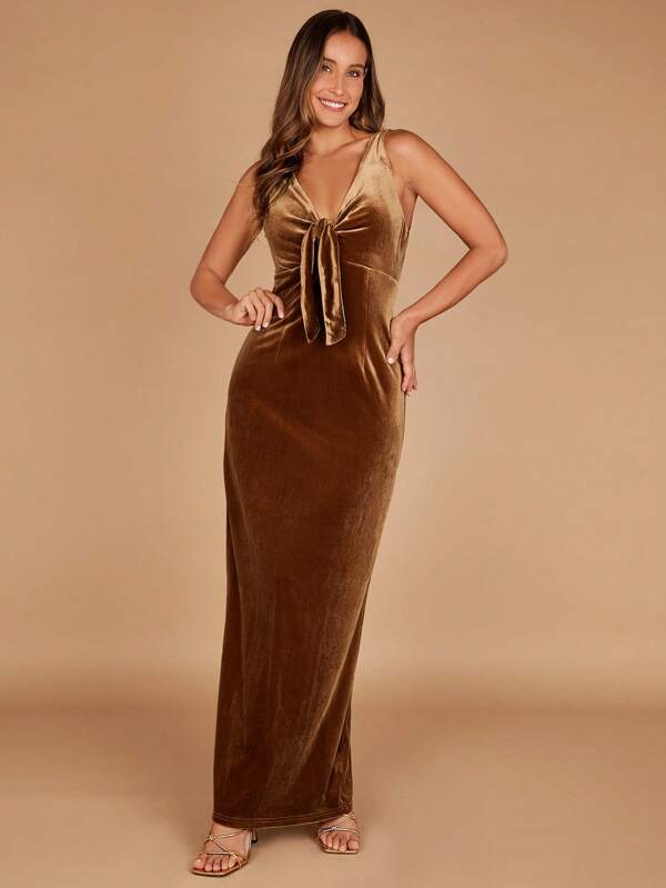 SHEIN Belle Tie Front Velvet Fitted Dress