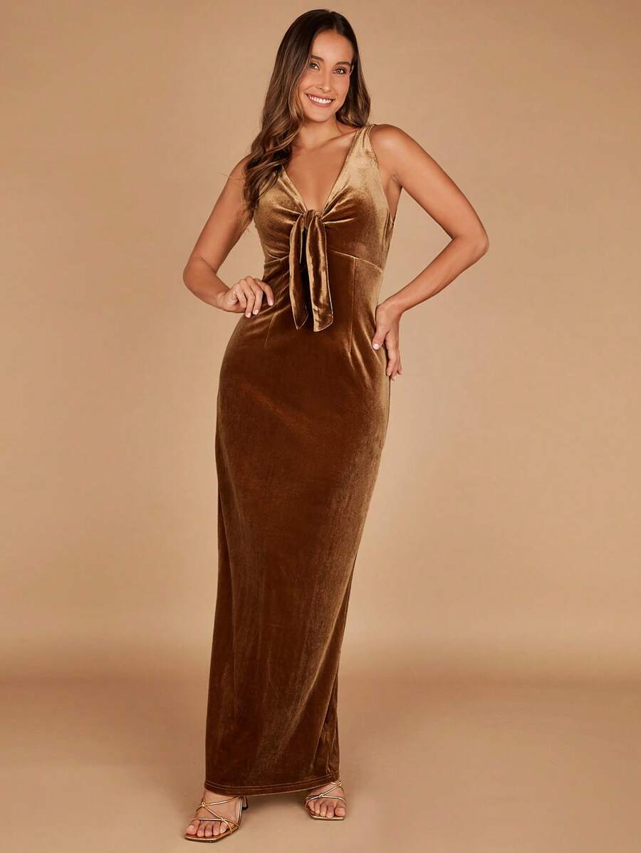 SHEIN Belle Tie Front Velvet Fitted Dress