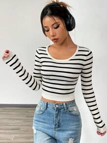 Flirla Striped Pattern Scoop Neck Crop Sweater,Long Sleeve Tops Knit Pullover Fall Winter Sweater - Multicolor - View 5