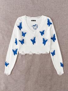 Muchica Hình Bướm Thả vai Áo len Distressed - trắng - Xem 5