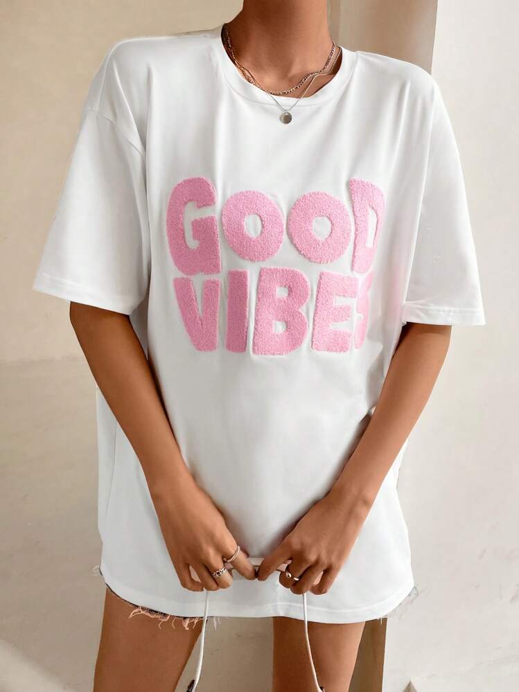 SHEIN Unity 标语图案落肩T恤 图案T恤 女式上衣 - 白色 - 查看 5