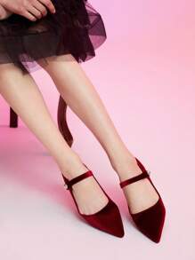 SHEIN MOD 女性尖頭瑪麗珍平底鞋 - 酒紅色 - 查看 3