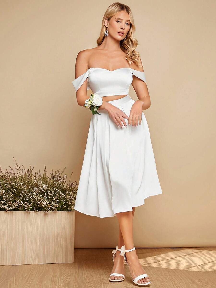 SHEIN Belle Off Shoulder Crop Top & Skirt Set - White - View 1
