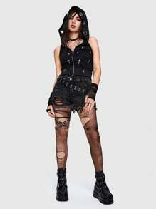 ROMWE Grunge Punk Sudaderas con capucha sin mangas de ojales de cremallera con estampado de cruz, góticas, para verano. - Negro - Ver 1